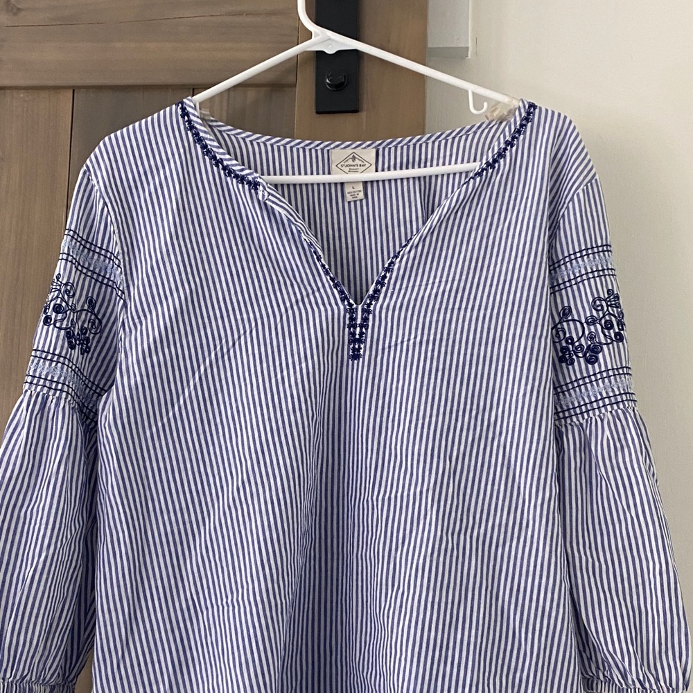 St. John's Bay Blue & White Striped Embroidered Tunic